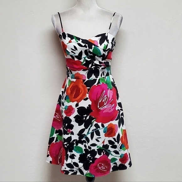 B. Smart Abstract Watercolor Floral Sweetheart V-neck Pin-up A-line Mini Dress - Picture 4 of 14
